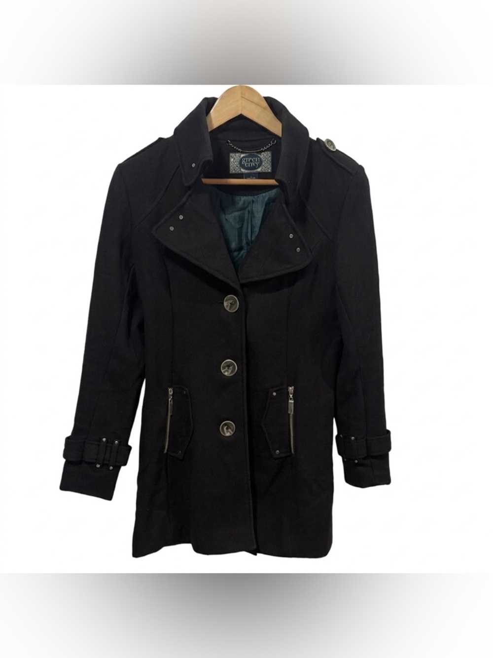 Green with Envy Black Pea Coat with Button Details Size S